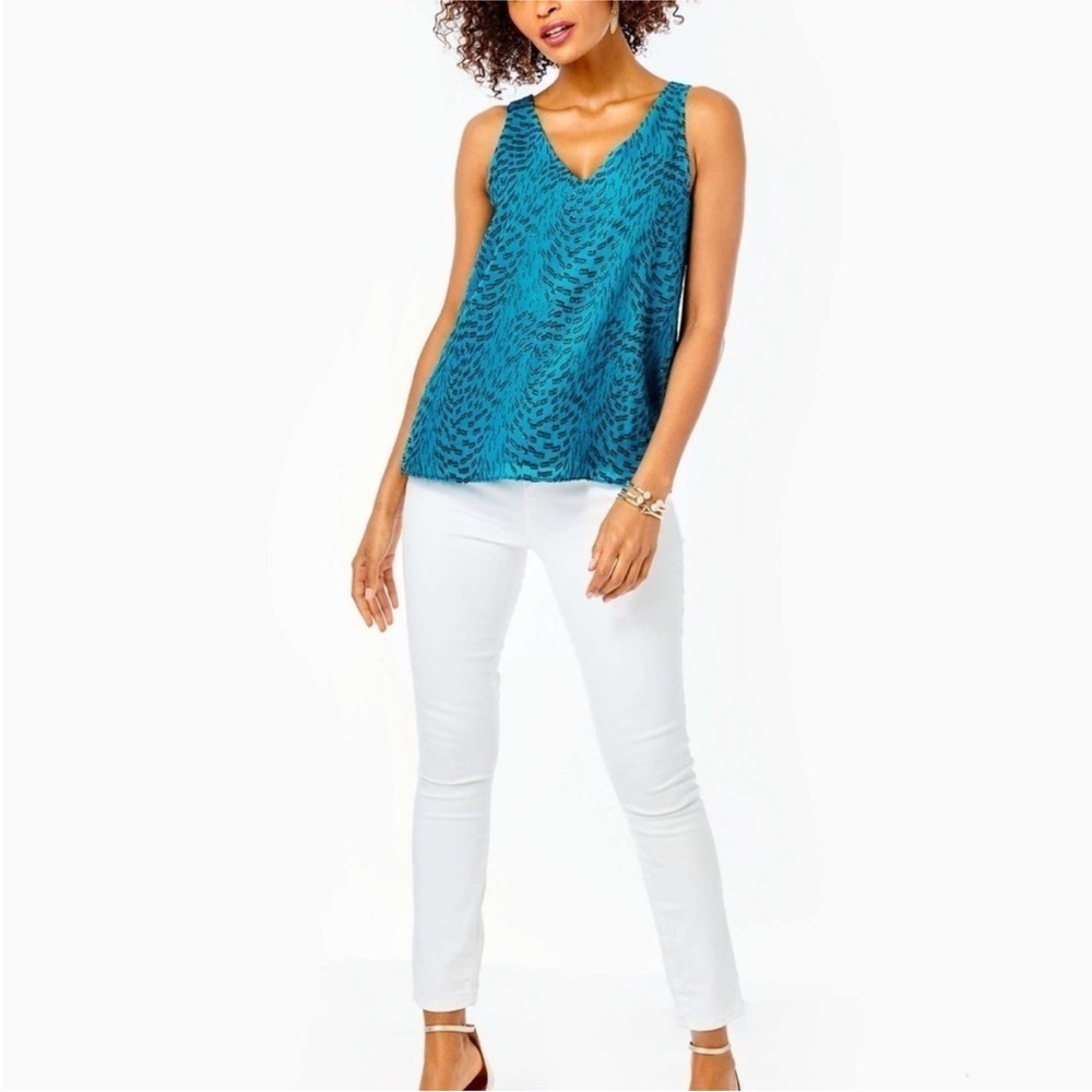 Lilly Pulitzer Florin SILK Tank Top Teal Swirl Clip MEDIUM resortwear luxe glam - Picture 3 of 9